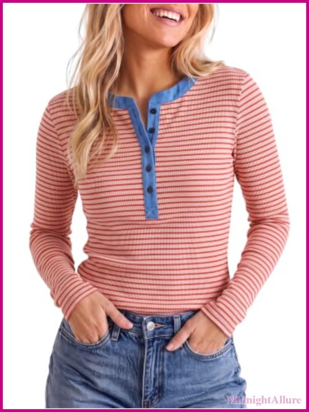 Womens Striped Knit Henley Tee Long Sleeve Patchwork Half Button Slim Fit